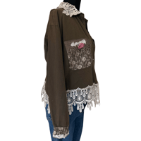 Image 5 of Upcycled Cropped Brown Button Front Rose Lace Shirt Taylor G Dallas Cottage- Women’s  L