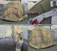 Image 2 of WWII M1 USMC Helmet Fixed bale Front Seam & Repro Rayon Hawley Liner Marine Raider. Burlap Cover. 