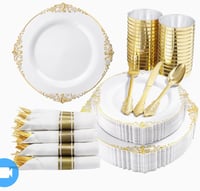 Image 1 of Gold and white disposable plates and spoon set 