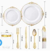Image 2 of Gold and white disposable plates and spoon set 