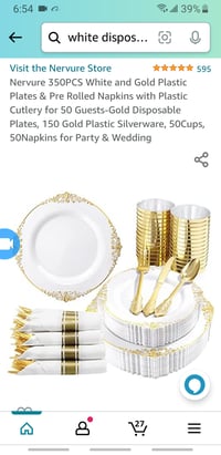 Image 3 of Gold and white disposable plates and spoon set 