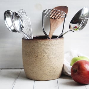 Image of Large Rustic Utensil Holder with Raw Stone Texture, Handcrafted Kitchen Crock, Made in USA