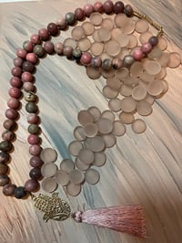 Image 2 of 10 mm Rhodolite necklace with gold tone mental tassel 