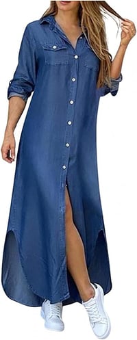 Womens Denim Shirt Dresses Fashion Summer Sexy V Neck 3/4 Sleeve Loose Ruffle Long Maxi Pleated Dres