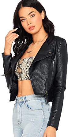 Image of Women's Zipper Front Casual PU Leather Cropped Jacket Long Sleeve Bolero