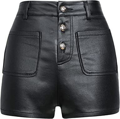 Image of Womens High Waisted Faux Leather Shorts with Pockets-Button PU Leather Short