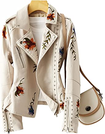 Image of Women's Embroidered Studded Faux Leather Jacket Moto Punk Jacket Floral Coat
