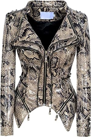 Women's Fashion Snake Pattern Print Studded Moto Pu Leather Biker Jacket