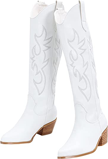 Image of Women's Embroidered Western Cowboy Boots Knee High Stitching Almond Medium Heel Chunky Heel 5cm Poin