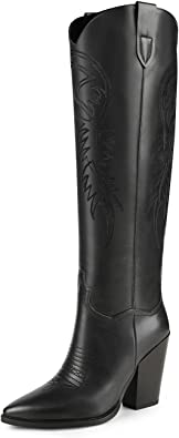 Image of Women's Western Boots Knee High Boots, Cowboy Cowgirl Embroidered Chunky Block Heel Pointed Toes Sli