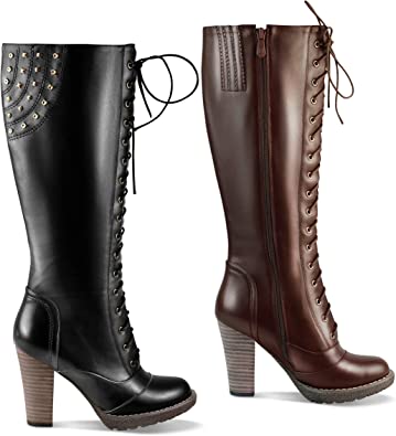 Image of Women's Lace-up Side Zip Studded Knee High Boots