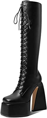 Knee High Boots for Women Lace Up Side Zipper Platform Boots Square Toe Chunky High Heel Boots