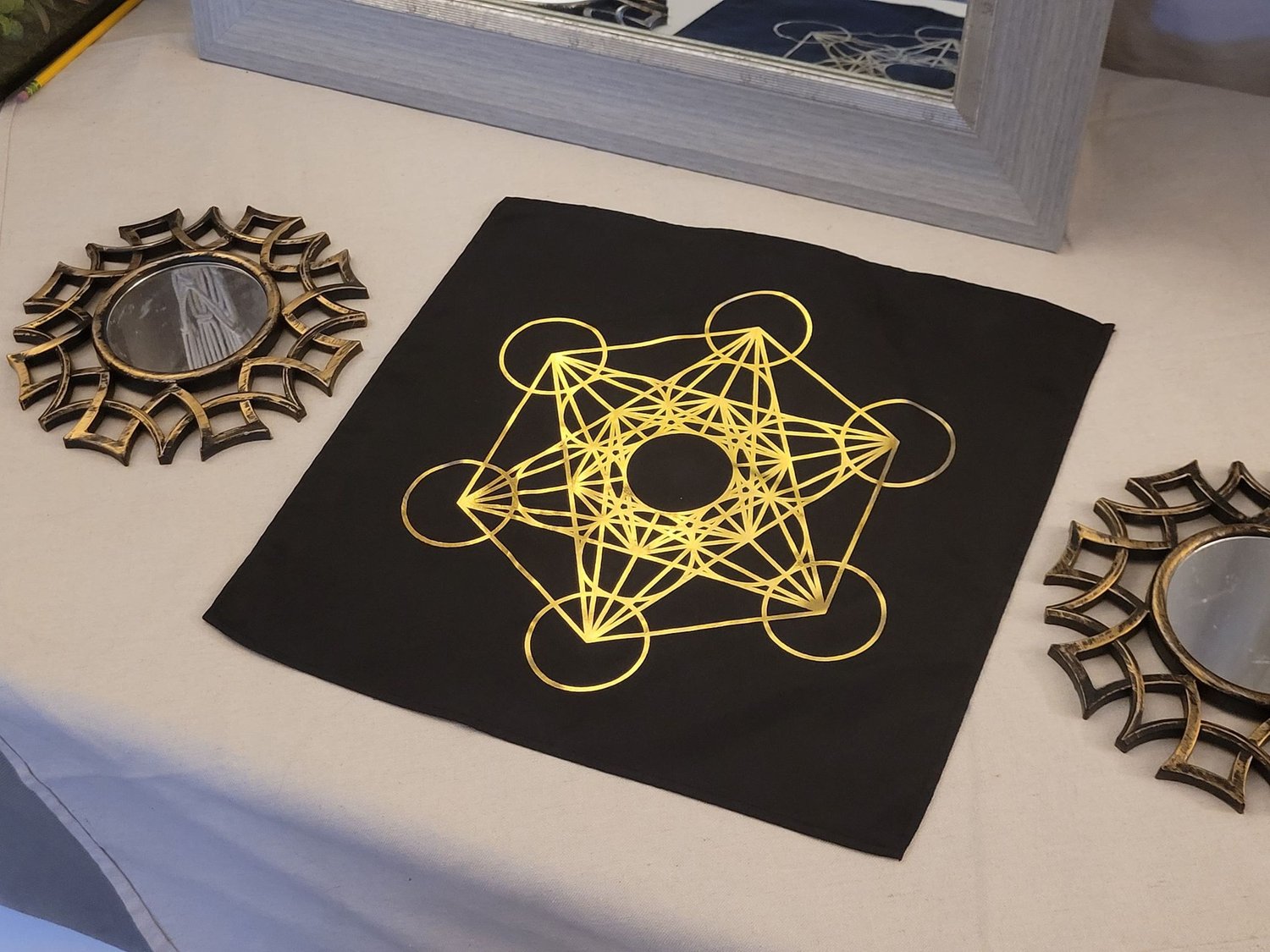 Image of SACRED GEOMETRY GOLD FOIL ON BLACK CRYSTAL CHARGING ALTER CLOTH