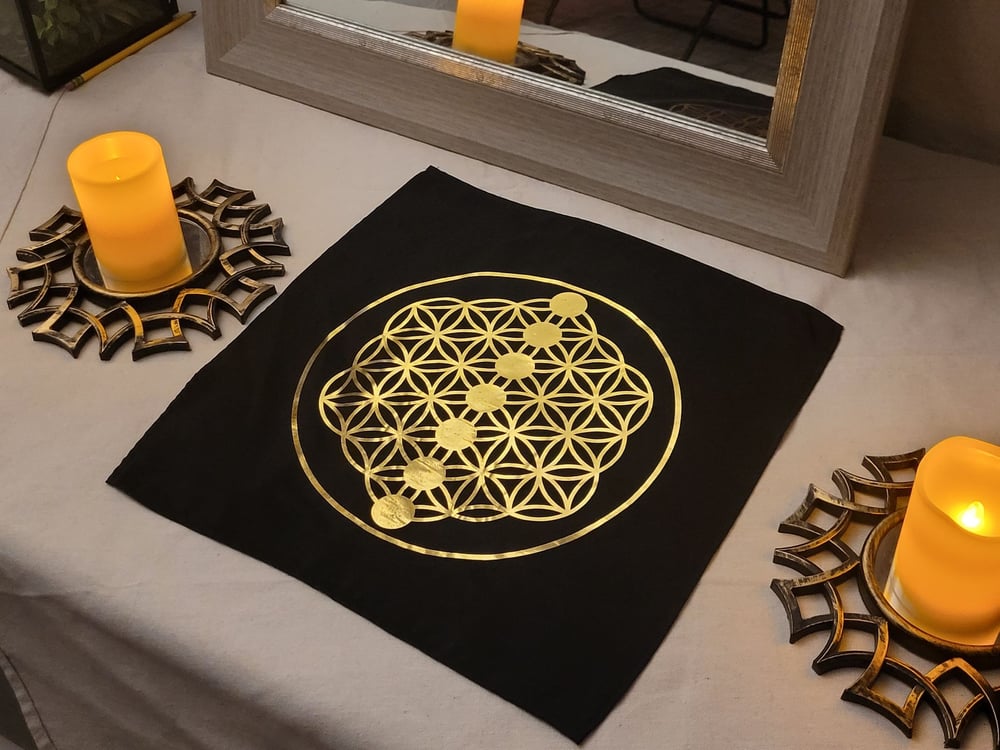 Image of SACRED GEOMETRY GOLD FOIL ON BLACK  CLOTH CHAKRAS SEED OF LIFE 