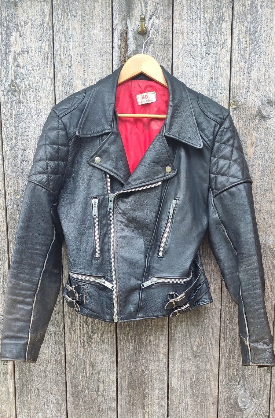 Image of Vintage English Black Leather Motorcycle Jacket Size 40 Biker/Rocker/Classic