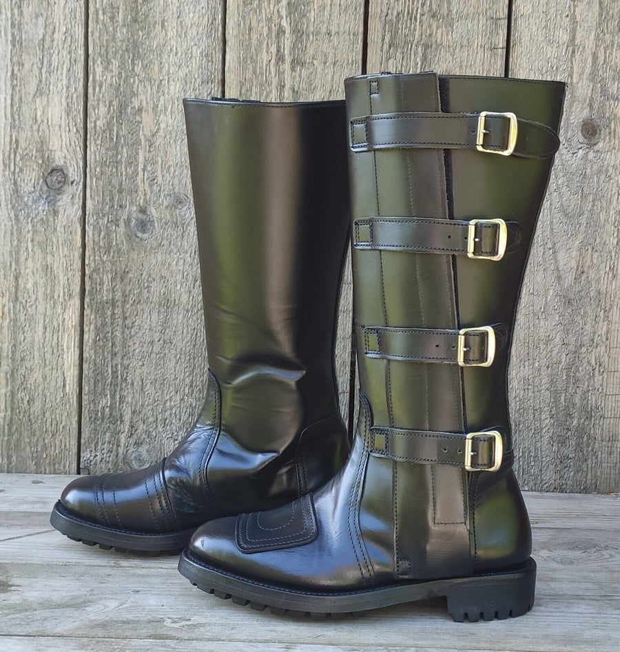 Image of Vintage Police/Classic Black Leather Motorcycle Boots with Side Straps - Size 6
