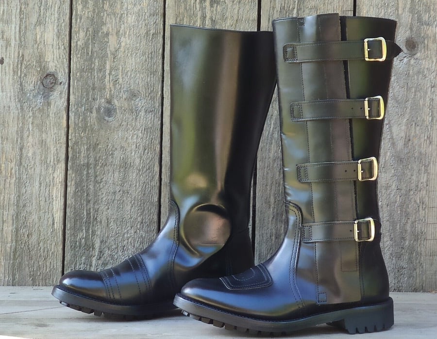 Image of Vintage Police/Classic Black Leather Motorcycle Boots with Side Straps - Size 7