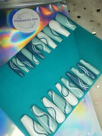 Long Coffin Teal Colour Palette Swirl Gel Press On Set 