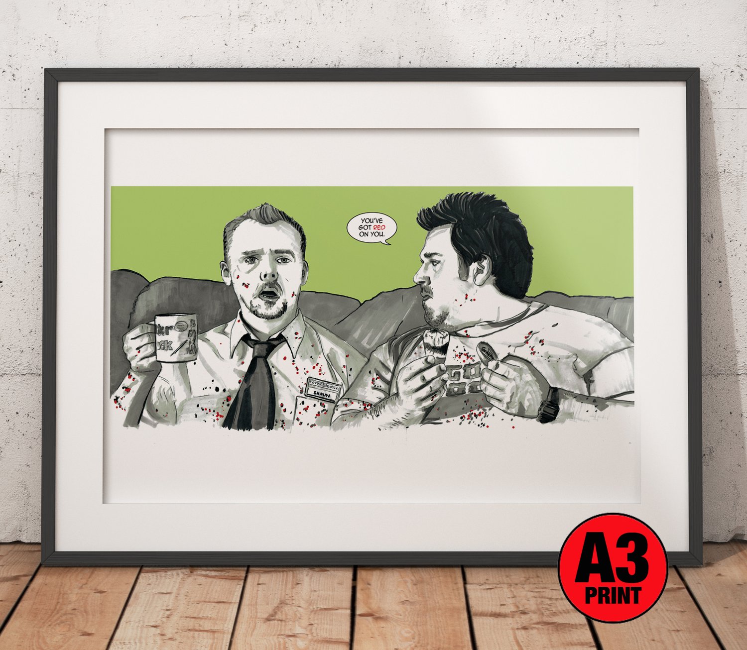 Shaun Of The Dead 'Red On You' A3 (16" x 12") Signed Print Comic Style Illustration