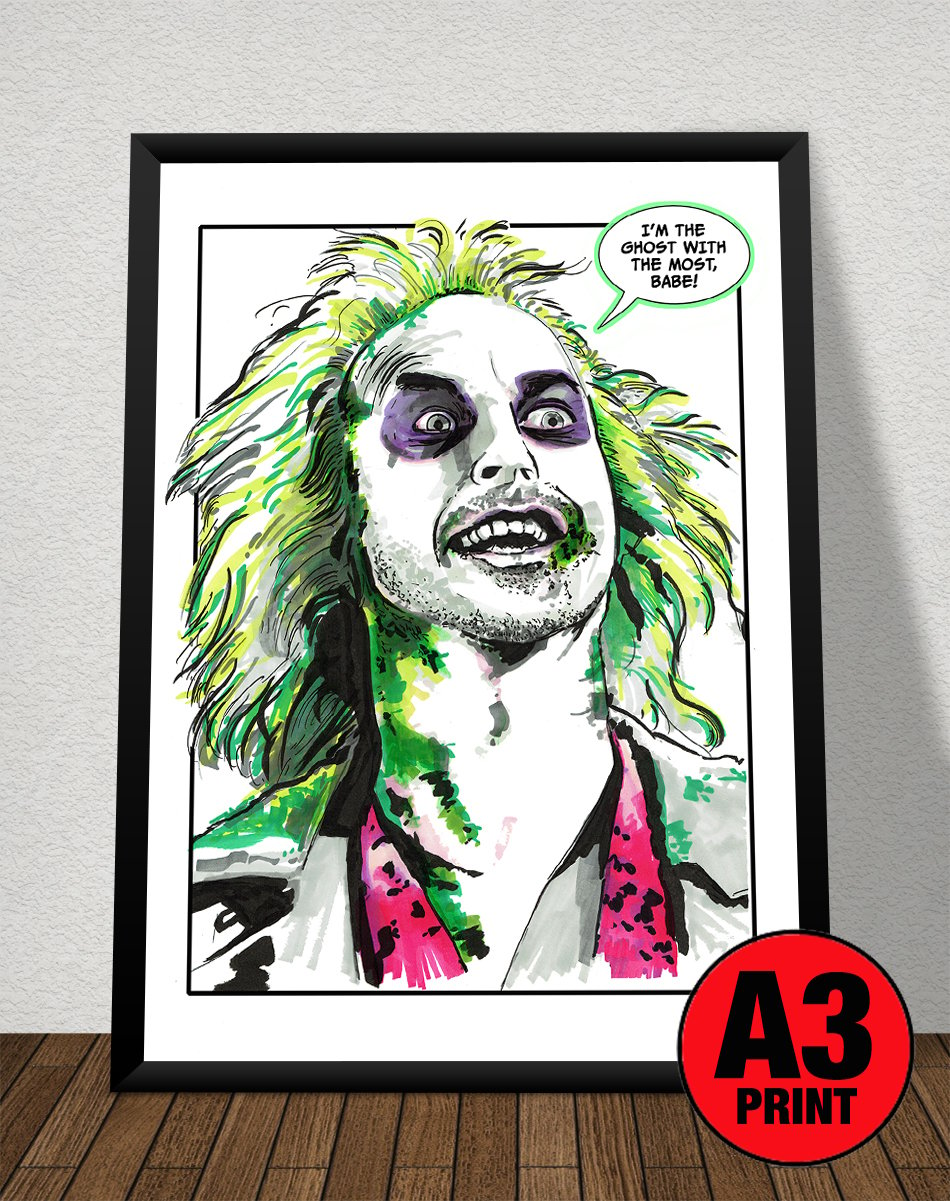 Beetlejuice 'Ghost With The Most' A3 (16" x 12") Signed Print Comic Style Illustration