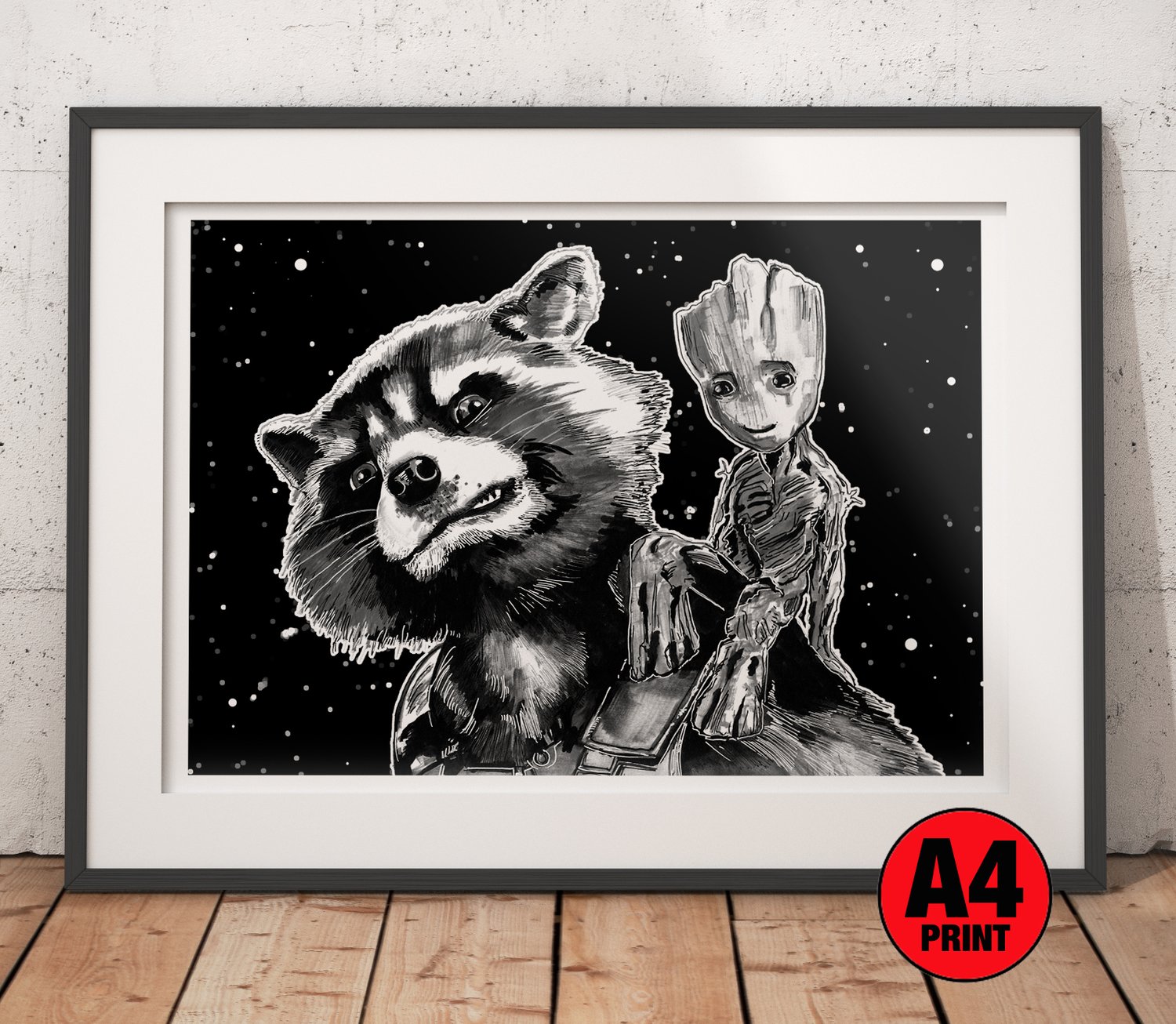 GOTG 'Rocket & Groot' A4 (12" x 8") Signed Print Comic Style Illustration