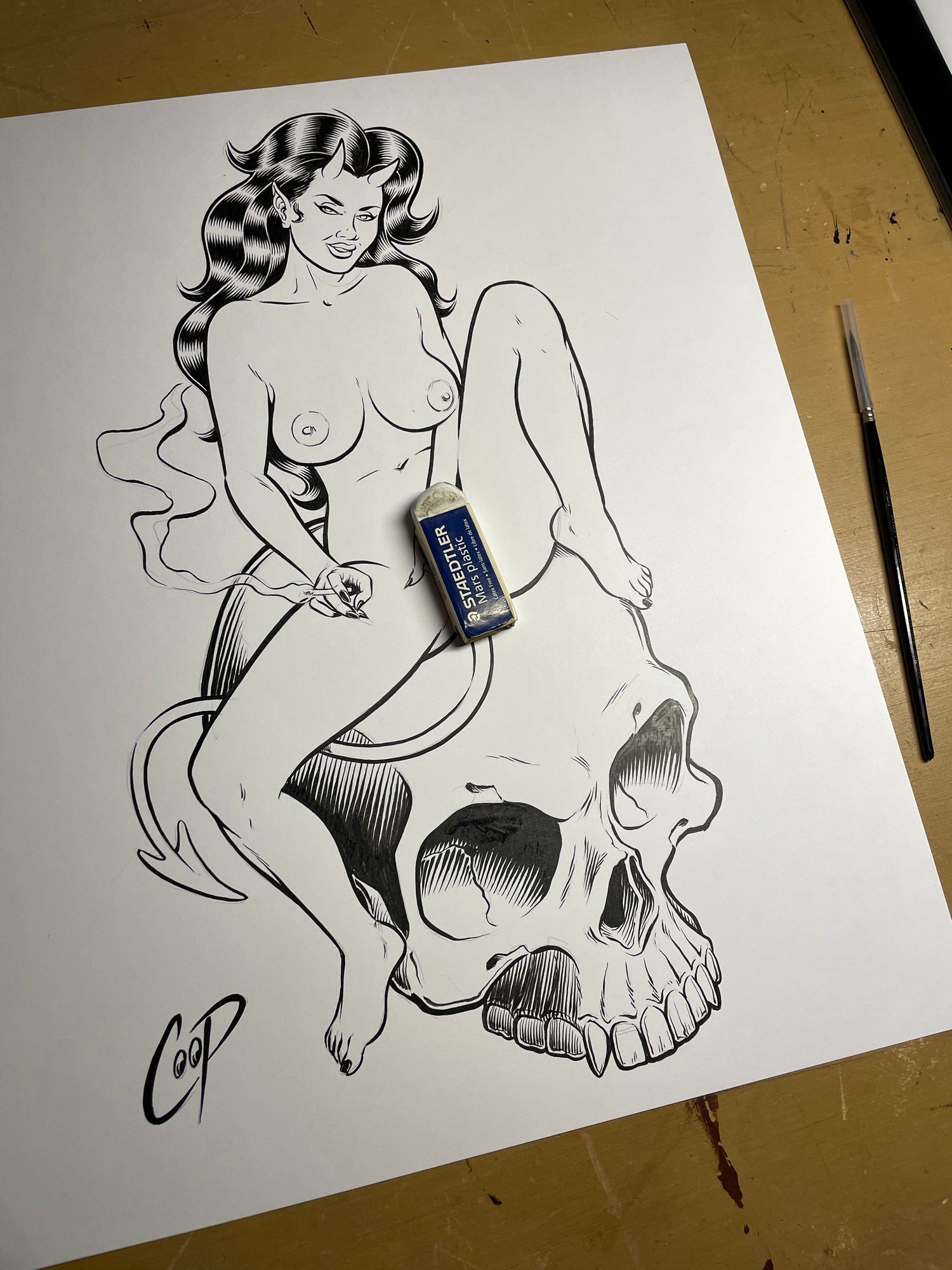 Image of DEVIL GIRL ON SKULL #2 Original Art
