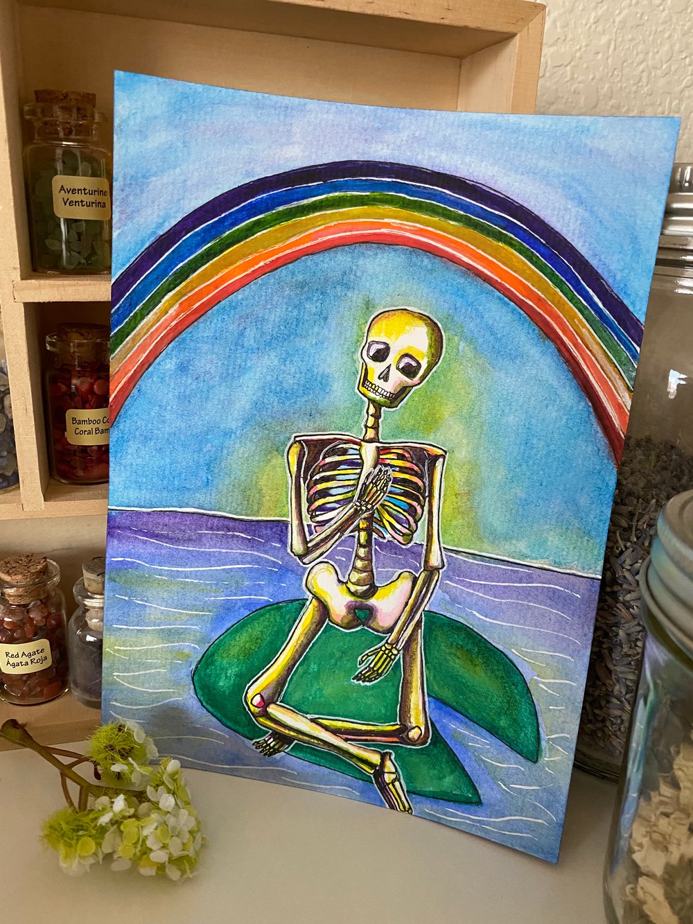 Image of "Rainbow Skelly" Watercolor Painting