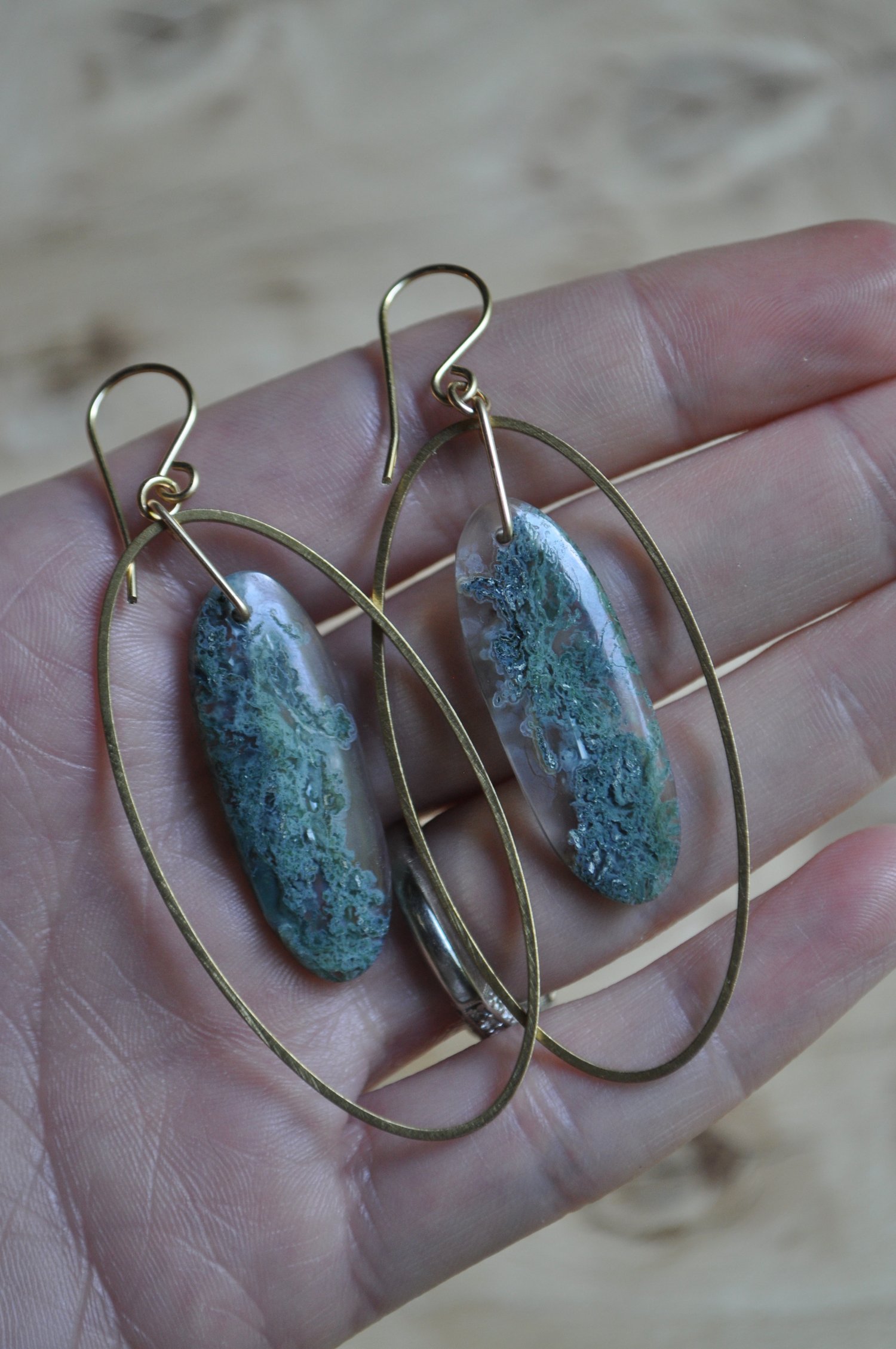 Image of OOAK Moss Agate Oval Hoop Dangles