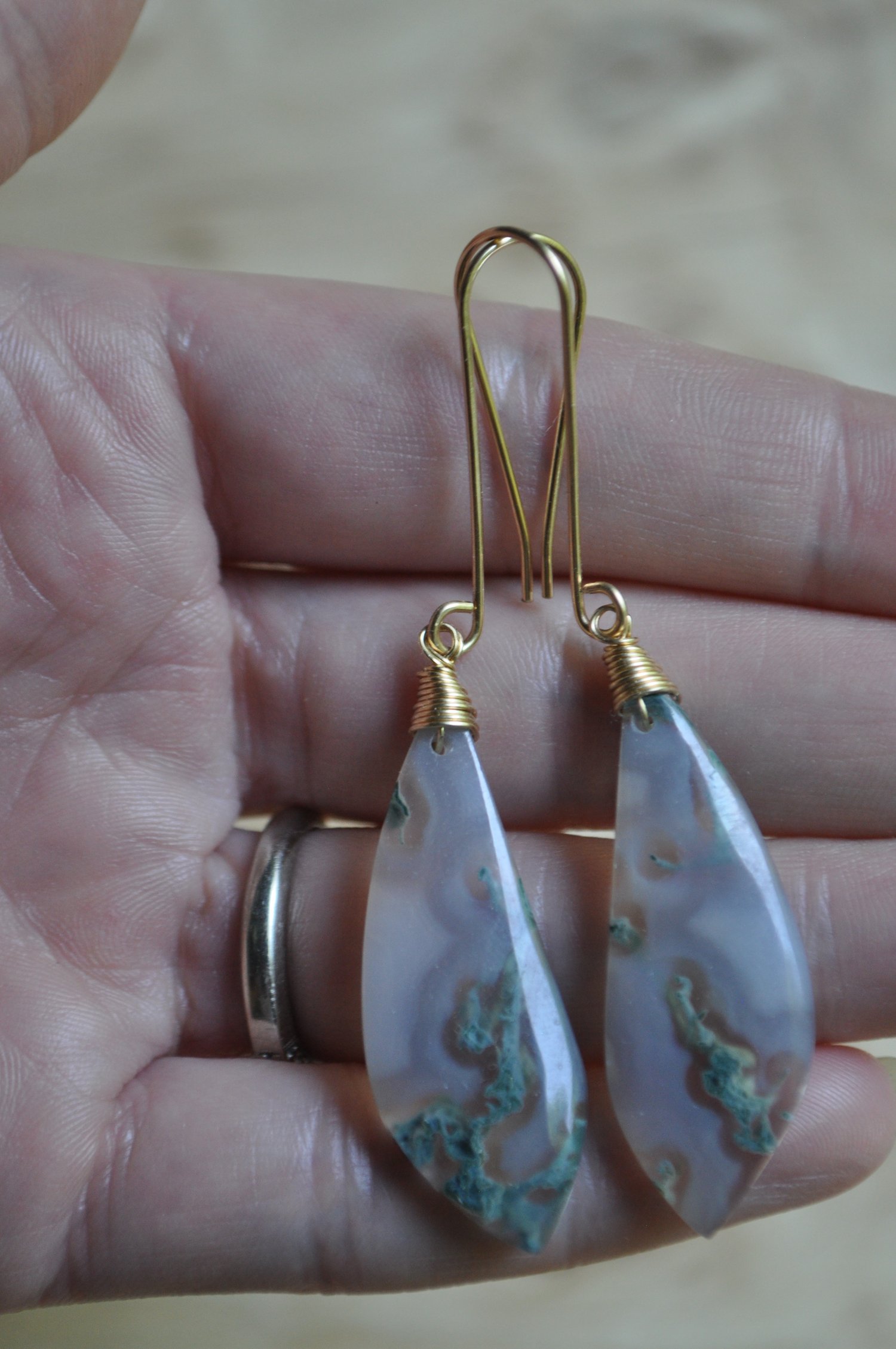 Image of OOAK Moss Agate Wing Dangles on Gold Fill