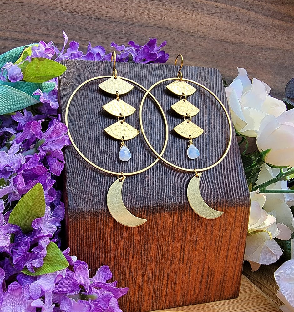 Image of Brass Celestial Hoops + Rainbow Moonstone Earrings
