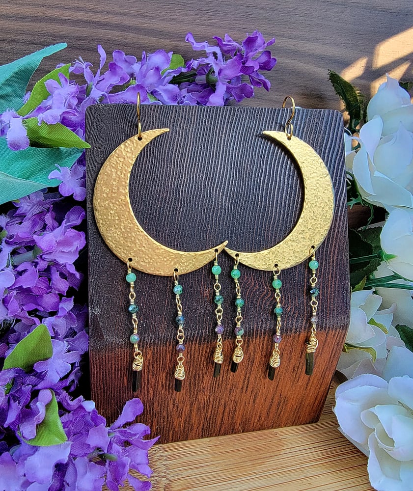 Image of Hammered Brass Moons + Tourmaline + Ruby Zoisite