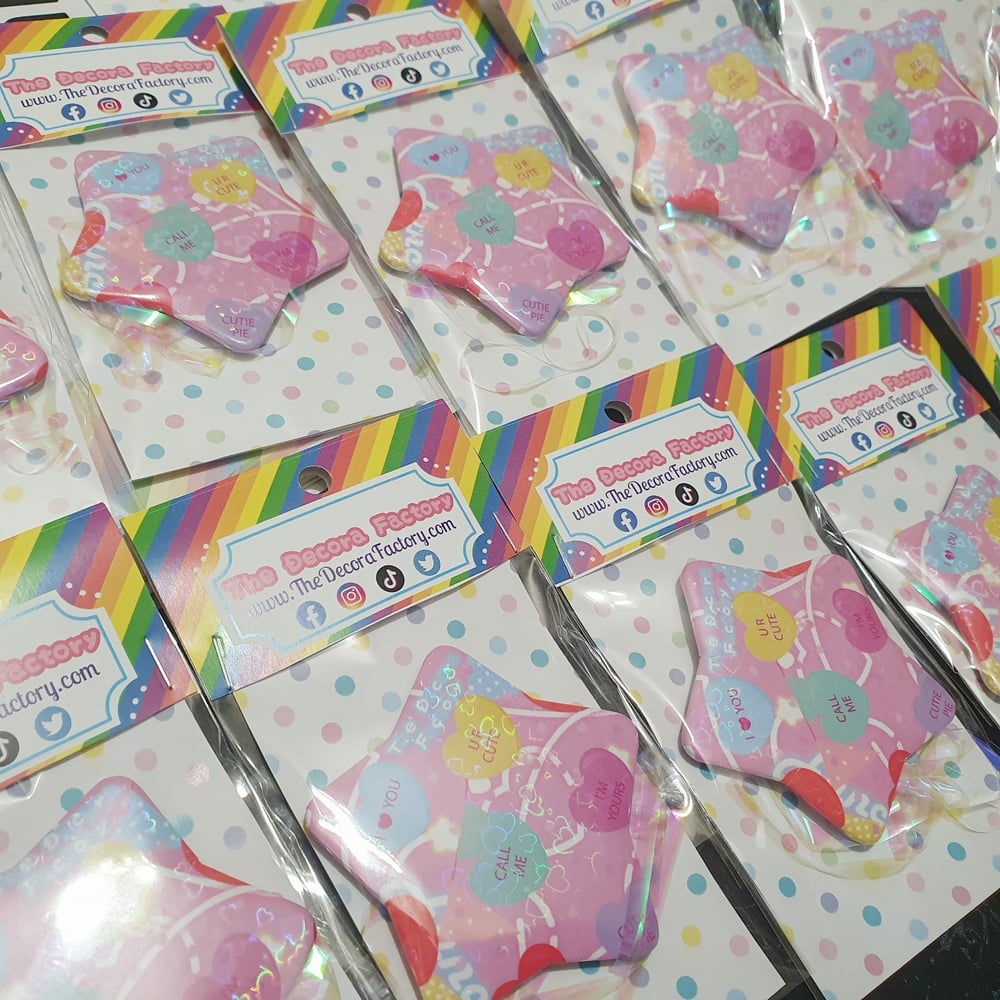 Image of Love Me Cutie! Sweetheart Holographic Badge/Pin