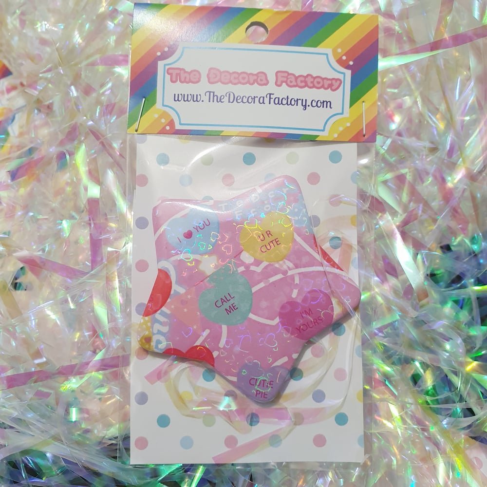 Image of Love Me Cutie! Sweetheart Holographic Badge/Pin