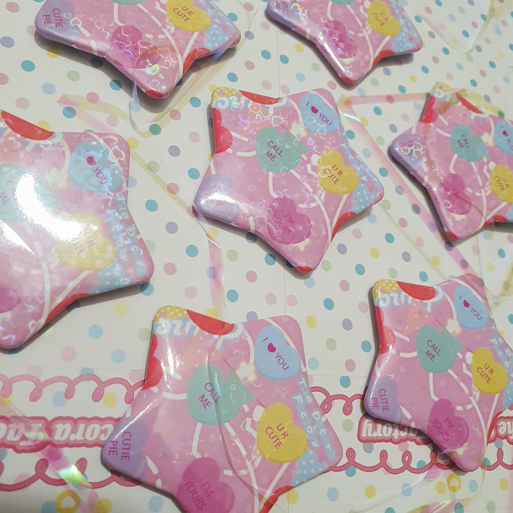 Image of Love Me Cutie! Sweetheart Holographic Badge/Pin