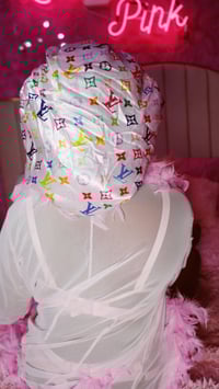 Image 1 of DesignHER White Monogram Silk Bonnet