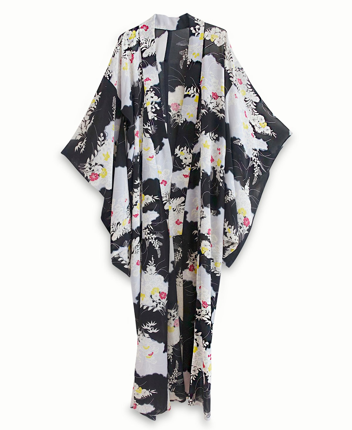 Image of Silke kimono - Sort/ lys grå med blåregn blomster