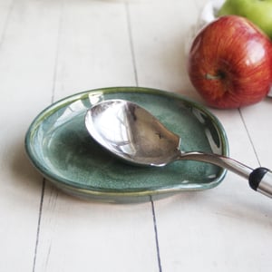Image of Large Stoneware Spoon Rest in Textured Green Glaze Handmade in USA