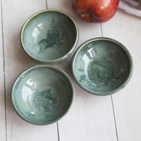 Image 6 of Set of Three Small Ceramic Bowls, Handcrafted Stoneware Prep Bowls, Green Pottery Made in USA