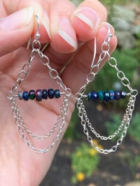 Image 3 of Black Welo Opal and Sterling Silver Chain Earrings, Black Welo Opal Gemstone Earrings