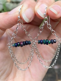 Image 2 of Black Welo Opal and Sterling Silver Chain Earrings, Black Welo Opal Gemstone Earrings