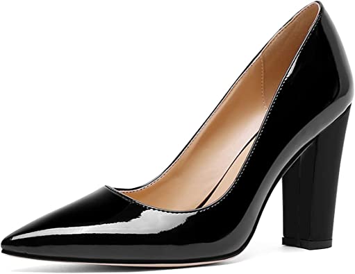 Image of Block Heels Pumps for Women, Pointed Toe Slip on Patent Leather High Heel Pump