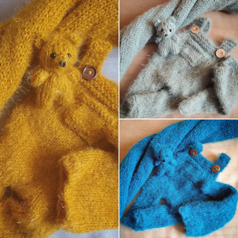 Image of Knitted set: wrap, dungarees, sleepy hat, teddy bear. 