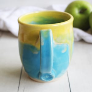 Image of Bright Yellow and Turquoise Pottery Mug, Handcrafted 14 oz. Coffee Mug, Made in USA