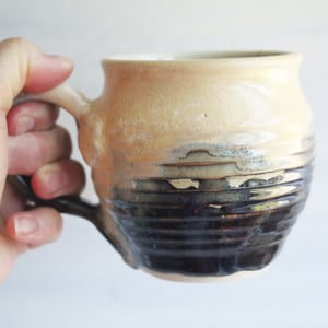 Image of Pottery Mug in Buttercream and Brown Glazes, 15 oz. Stoneware Coffee Cup, Made in USA No file chosen