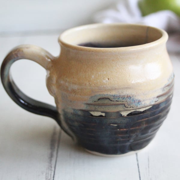 Image of Pottery Mug in Buttercream and Brown Glazes, 15 oz. Stoneware Coffee Cup, Made in USA No file chosen
