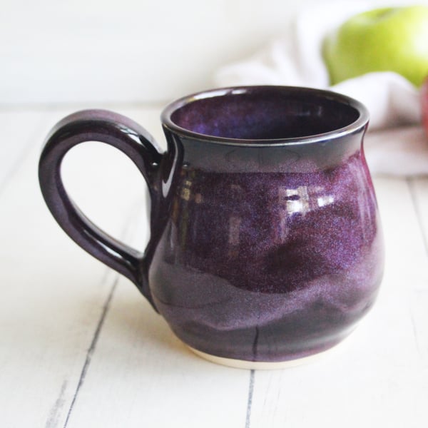 Image of Deep Purple and Black Pottery Mug, 14 ounce Handmade Coffee Cup, Made in USA