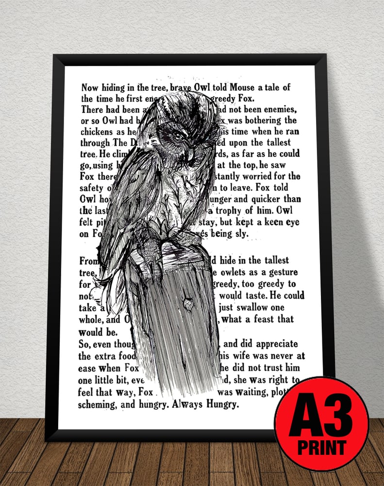 Image of Barn Owl With Text Art Print Signed A3 Size (16" x 12")