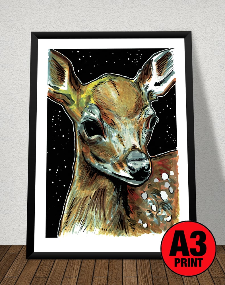 Image of Deer At Night Art Print Signed A3 Size (16" x 12")