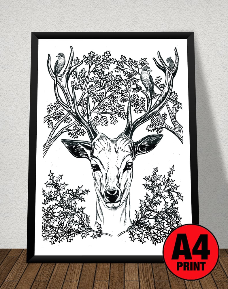 Image of Christmas Stag Art Print Signed A4 Size (12" x 8")