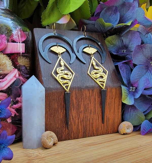 Image of Oxidized Brass Celestial Snake Earrings